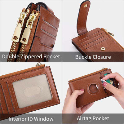 Genuine Leather Bifold Zip Airtag Wallet Apple Wallet RFID Blocking Card Holder