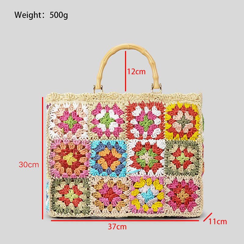 Knitted Floral Patchwork Tote Bamboo Handle Handbag