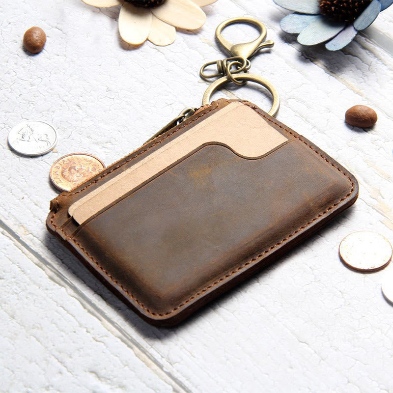 Retro Genuine Leather Small Wallet Zip Coin Purse with Key Chain