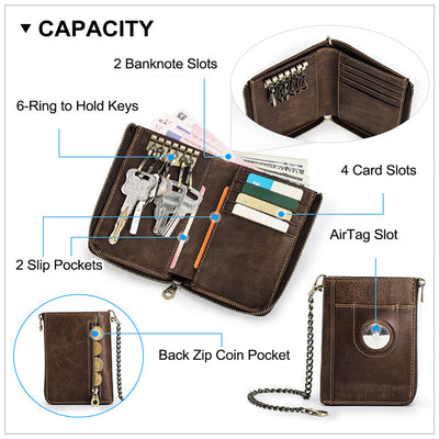 Zip Around Leather Airtag Wallet Apple Wallet with Chain