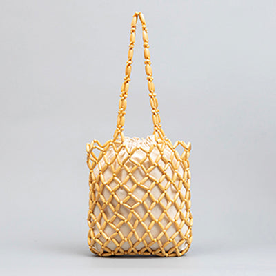 Wooden Bead Tote With Woven Lining Shoulder Bag For Women