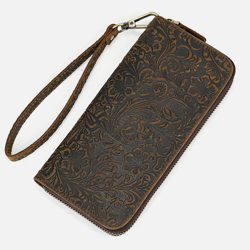 Long Wallet For Men RFID Retro Embossing Leather Phone Bag