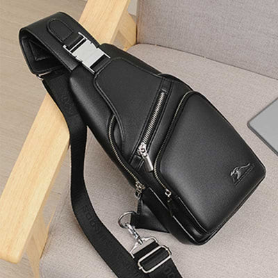 Leather Sling Bag with USB Charging Port Hiking Travel Chest Bag