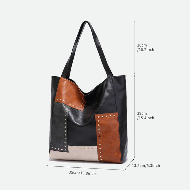 Retro Tote Bag for Women Large Capacity Splicing Leather Handbag Shoulder Bag