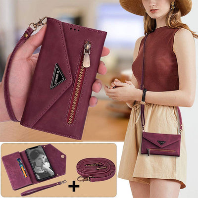 Zipper Leather Wallet Case Phone Cover with Shoulder Strap for iPhone