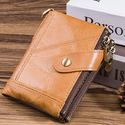 RFID Blocking Double Zip Genuine Leather Retro Wallet