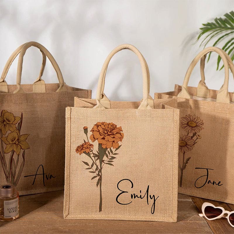 Custom Birth Floral Print Tote Large Shopping Travel Beach Burlap Handbag