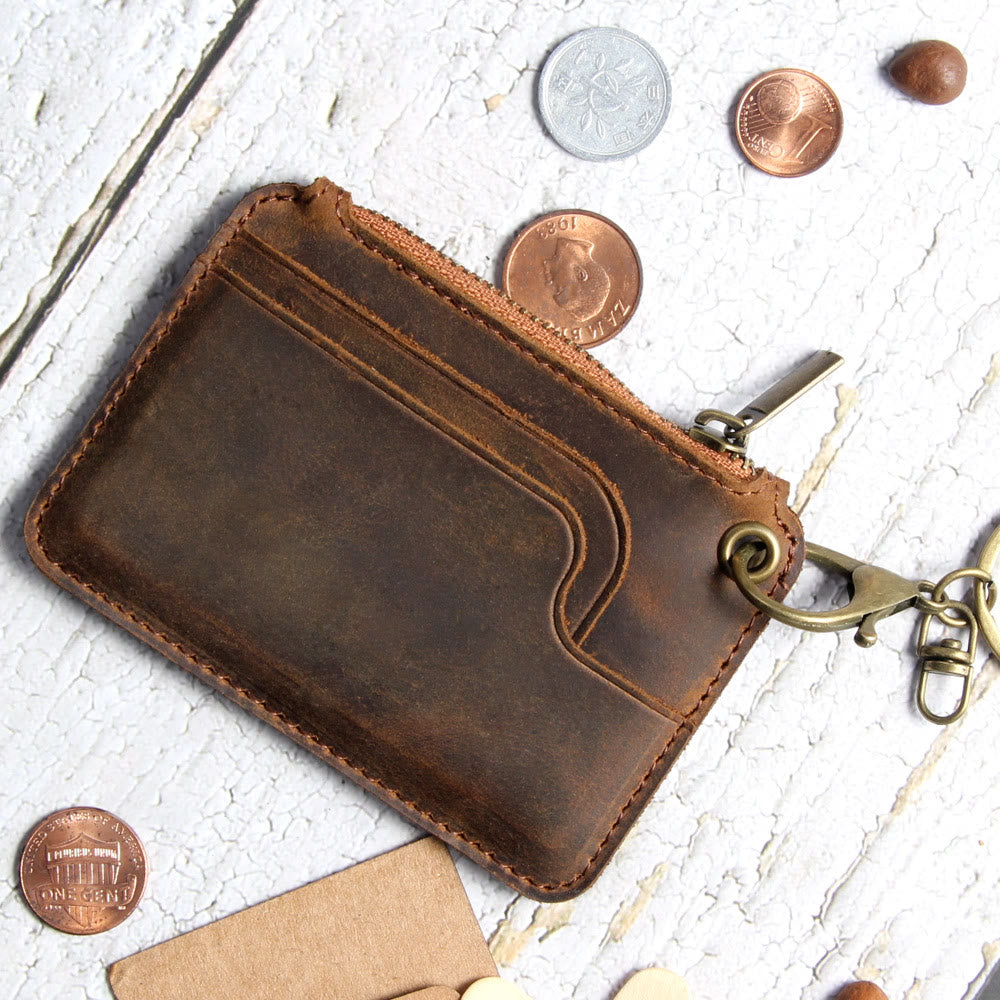 Retro Genuine Leather Small Wallet Zip Coin Purse with Key Chain