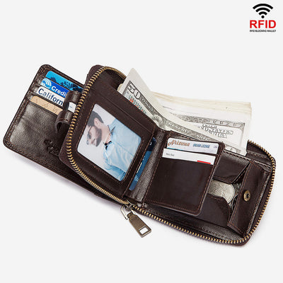 Genuine Leather RFID Blocking Trifold Zip Around Wallet