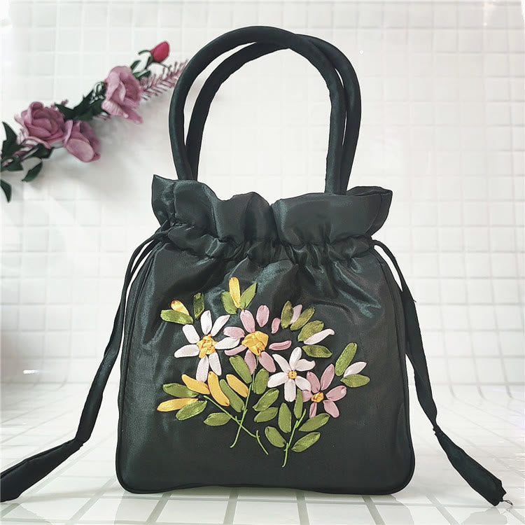 Embroidery Floral Clutch Drawstring Bucket Bag Handbag Party Bag