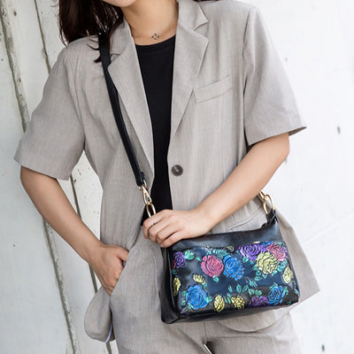 Floral Emblossing Crossbody Bag For Women Classic Leather Purse