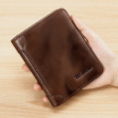 RFID Blocking Cowhide Leather Wallet Retro Roomy Front Pocket Wallet