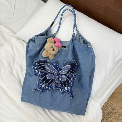 Butterfly Pattern Shoulder Bag For Women Large Denim Tote