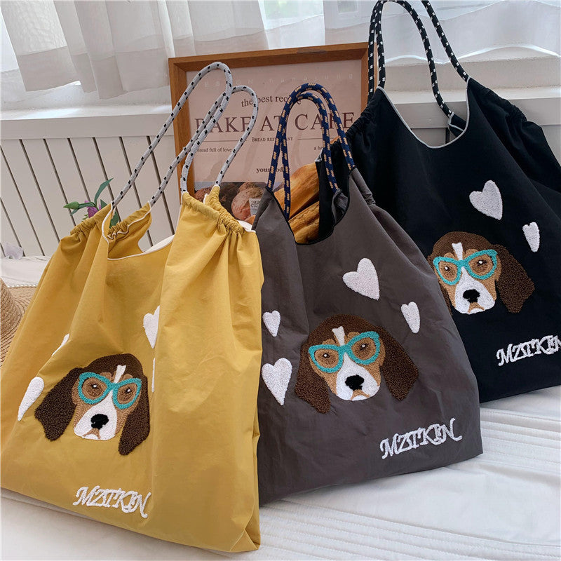 Cute Dog Embroideried Handbag Durable Drawstring Shoulder Bag For Women