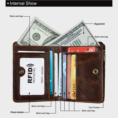 Wallet For Men Retro Genuine Leather Multi Pocket Money Clip