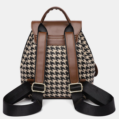 Women's Mini Backpack Purse Houndstooth Print Flap Daypack Leather Shoulder Bag