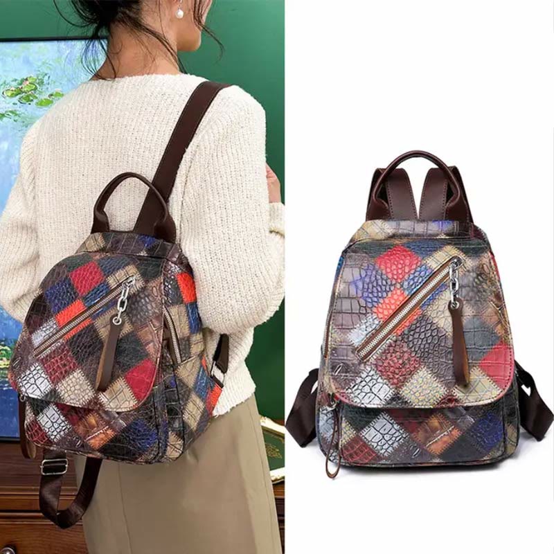 Backpack for Women Retro Contrast Color Geometrical Travel Pack