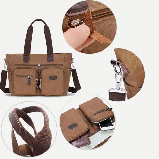 Multi-Pocket Tote Handbag for Women Men Retro Canvas Laptop Bag