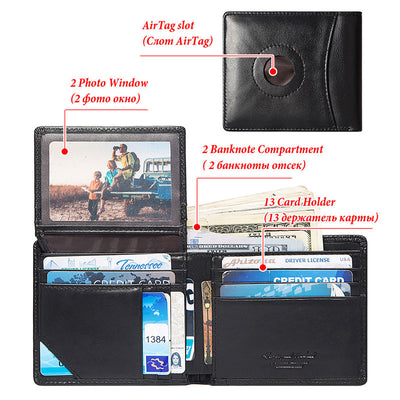 Men's Genuine Leather Bifold Airtag Wallet with RFID Blocking Anti-theft Wallet