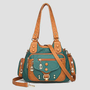 Tote Bag For Women Vintage Riveted Multi-Pocket Leather Crossbody Bag