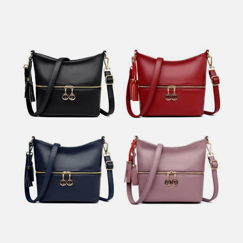 Double Zipper Purse For Women Tassel Solid Color Crossbody Bag