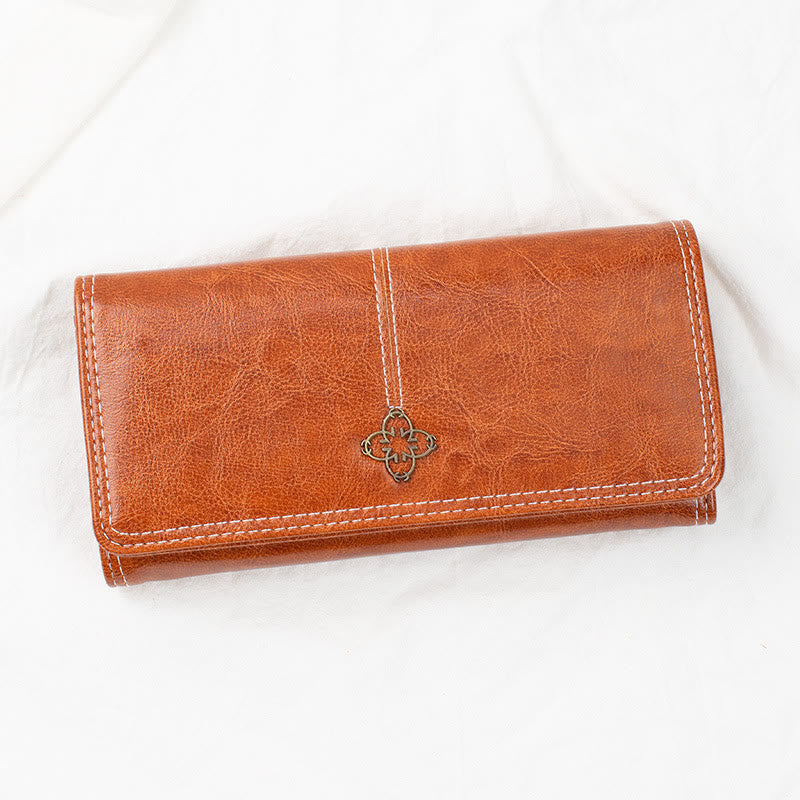 Elegant Retro Long Purse Wax Leather Card Holder For Women