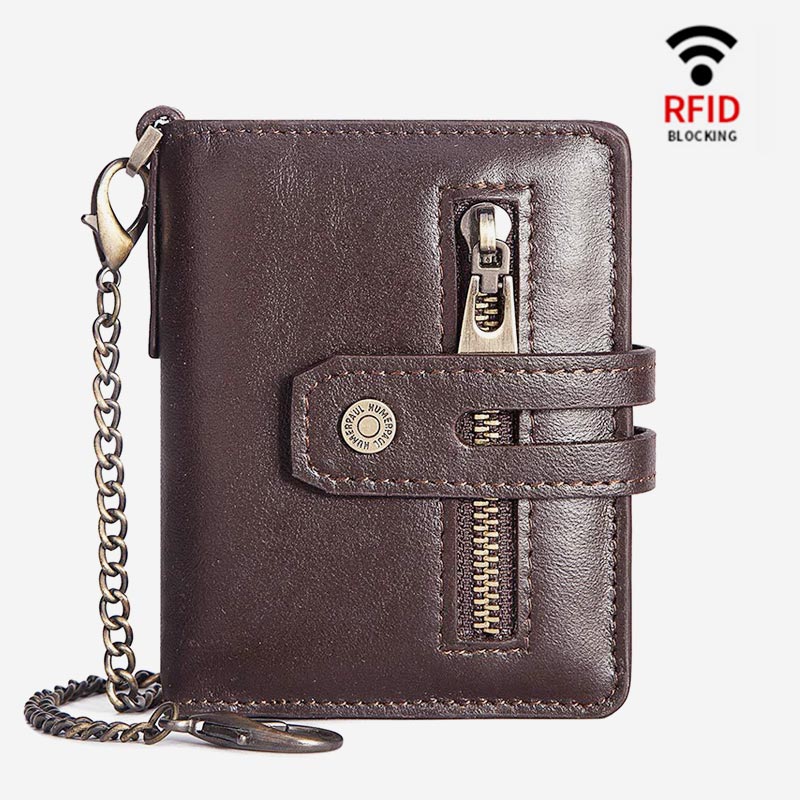 RFID Genuine Leather Business Short Wallet With Chain