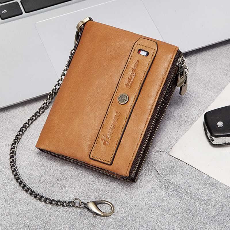 Mens Wallet with Chain Leather Bifold Wallet with Double Zipper Pocket