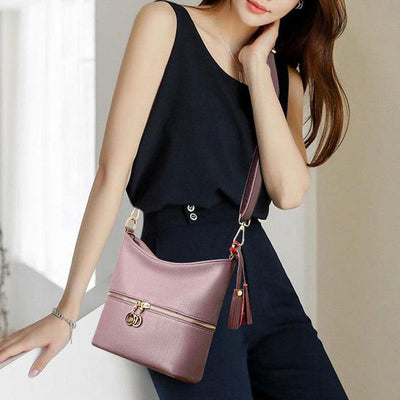 Double Zipper Purse For Women Tassel Solid Color Crossbody Bag