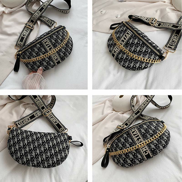 Womens Waist Bag Embossing Chain Strap Crossbody Shoulder Bag