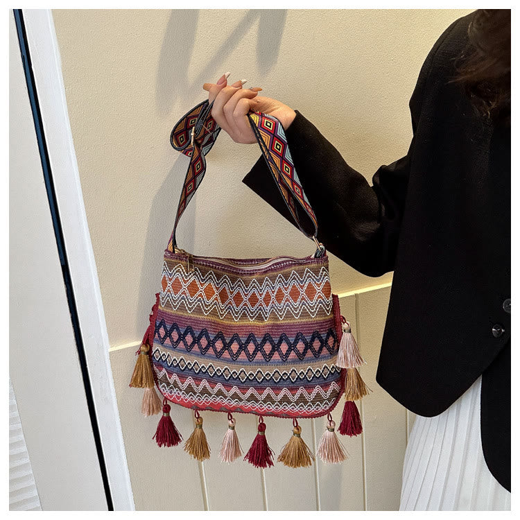 Folk Custom Crossbody Bag Women Tassel Wide Strap Polyester Purse