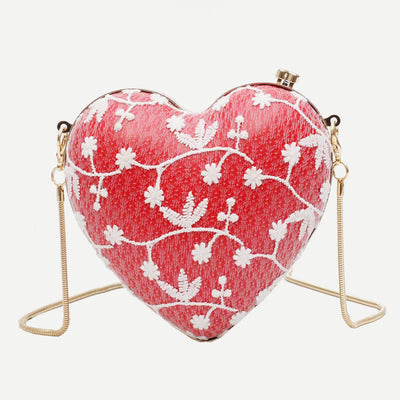 Floral Embroidered Handbag Heart Shaped Evening Bag Clutch with Gold Chain