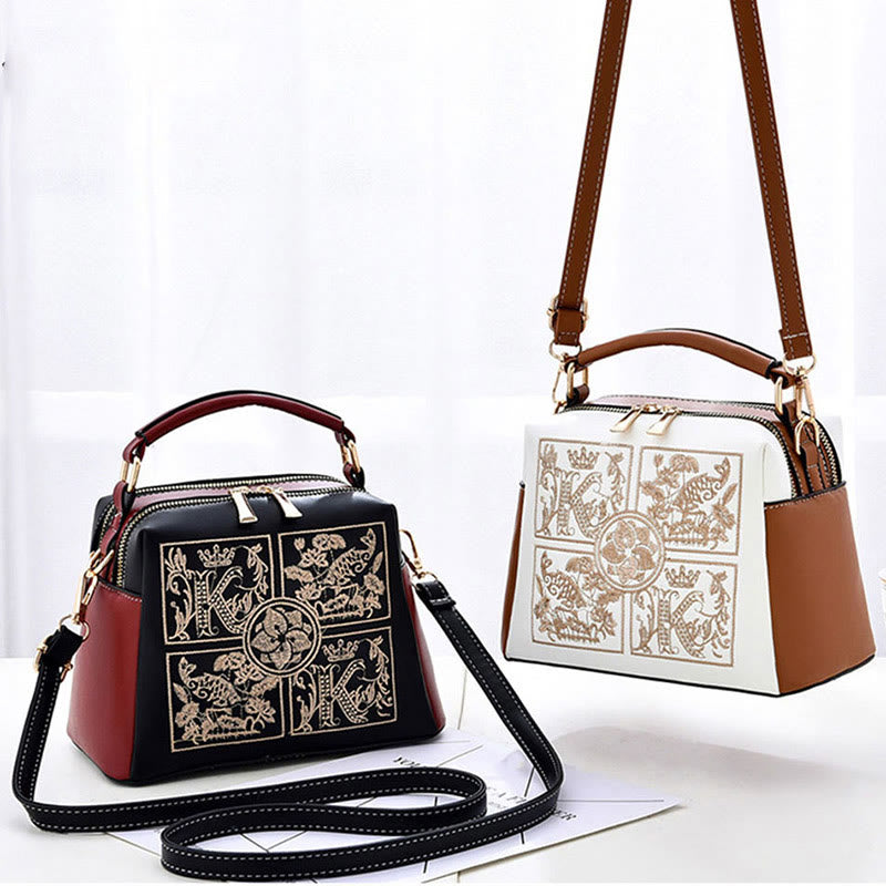 Top-Handle Bag For Women Embroidered Leather Portable Crossbody Shoulder Bag