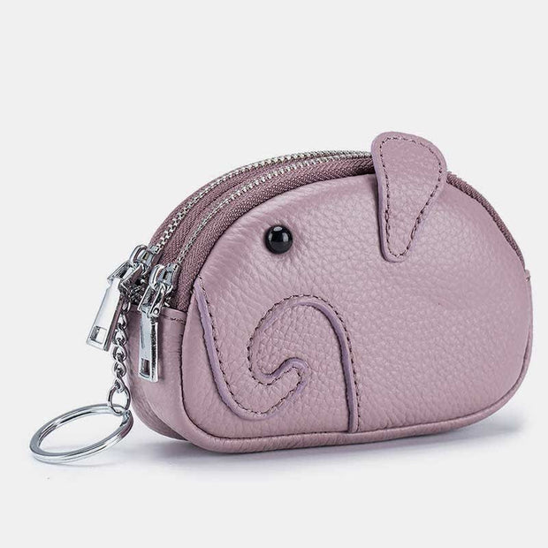 Genuine Leather Cute Elephant Coin Purse Zip Change Wallet Pouch