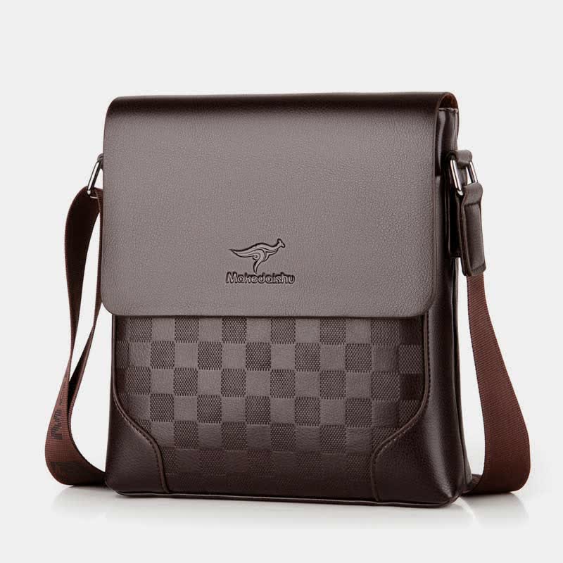 Men's Leather Plaid Small Messenger Bag Business Travel Carry Bag