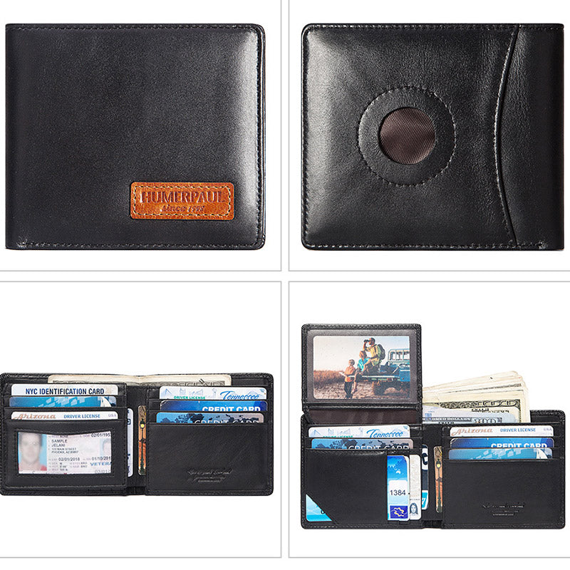 Men's Genuine Leather Bifold Airtag Wallet with RFID Blocking Anti-theft Wallet