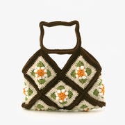 Cat Head Handle Crochet Handbag Cute Floral Purse For Women