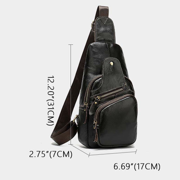 Leather Sling Bag Mens Chest Bag with USB Charging Port