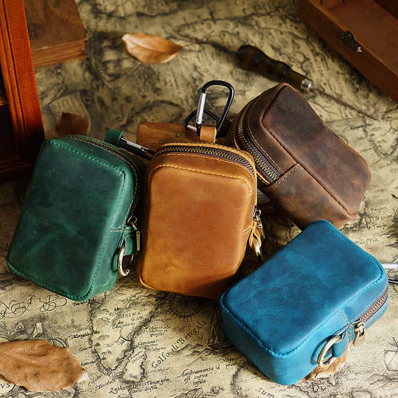 Genuine Leather Zipper Coin Purses Pouch for Women Men with Belt Loop