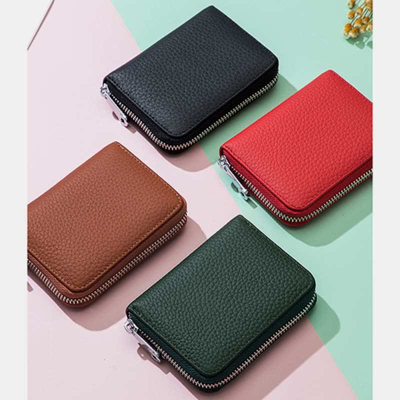 RIFD Blocking Small Coin Purse Multi-Pocket Card Holder Genuine Leather Wallet