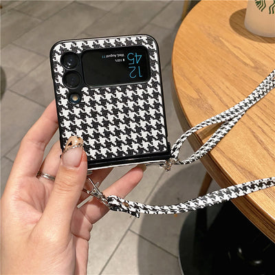 Phone Case for Samsung Galaxy Z Flip Houndstooth Crossbody Strap Case