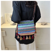 Folk Custom Crossbody Bag Women Tassel Wide Strap Polyester Purse