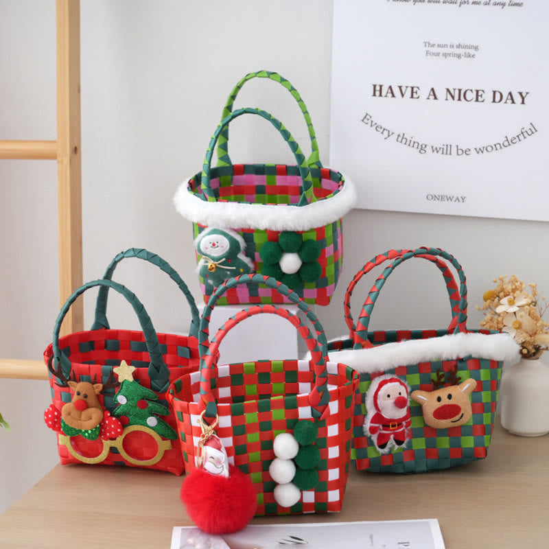 Cute Christmas Pattern Handbag For Holiday Woven Basket Bag