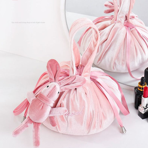 Cute Bunny Ear Drawstring Makeup Bag Embroidery Velvet Storage Bag