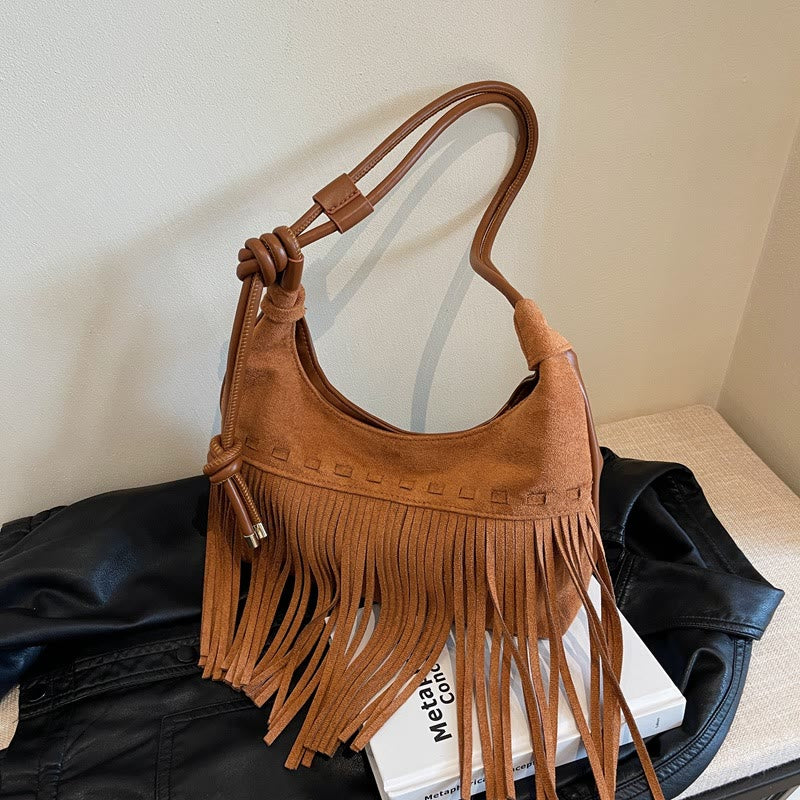 Tassel Underarm Bag For Women Retro Solid Color Shoulder Bag