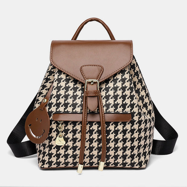 Women's Mini Backpack Purse Houndstooth Print Flap Daypack Leather Shoulder Bag