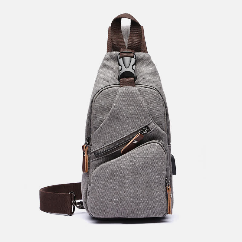 Canvas Sling Bag Crossbody Backpack Casual Rucksack with USB Charging Port