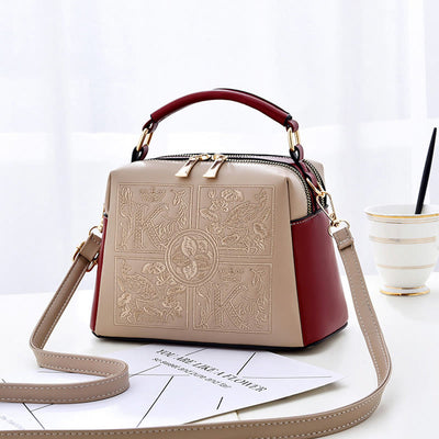 Top-Handle Bag For Women Embroidered Leather Portable Crossbody Shoulder Bag