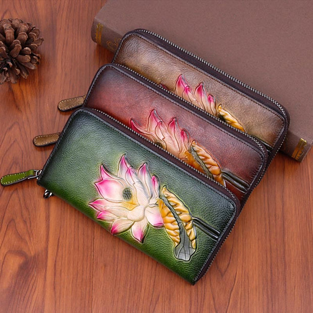 Wallet for Women Multi-Slot Leather Vintage Printing Flower Cash Purse