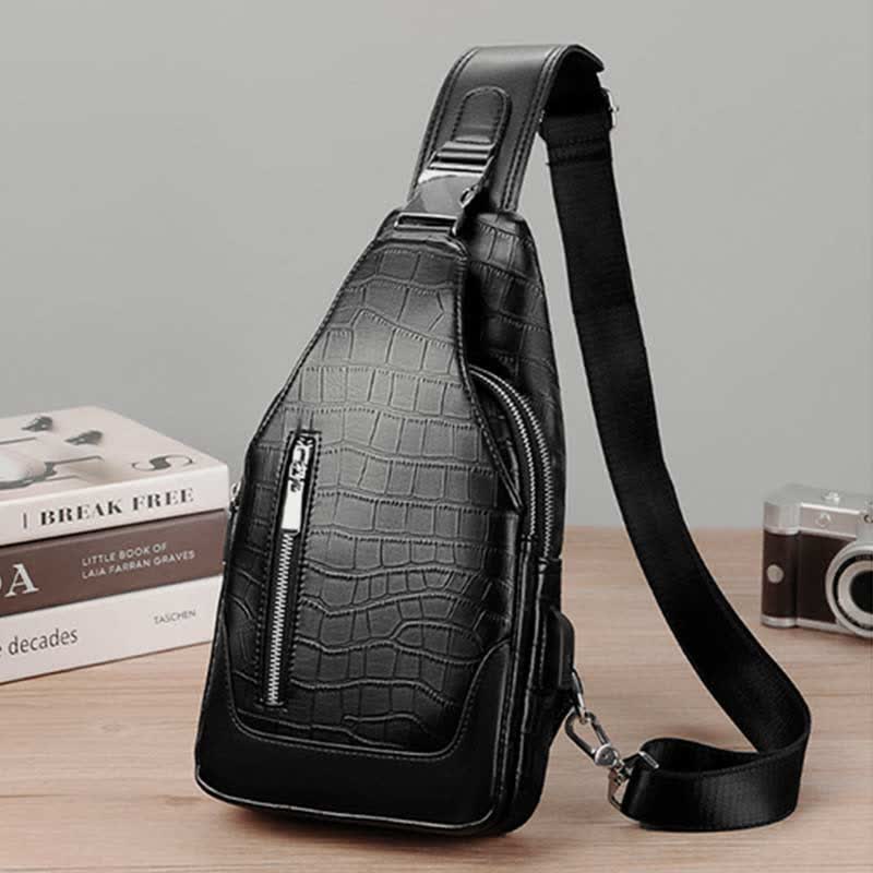 Crocodile Grain Leather Sling Backpack Shoulder Bag for Men Travel Daypack